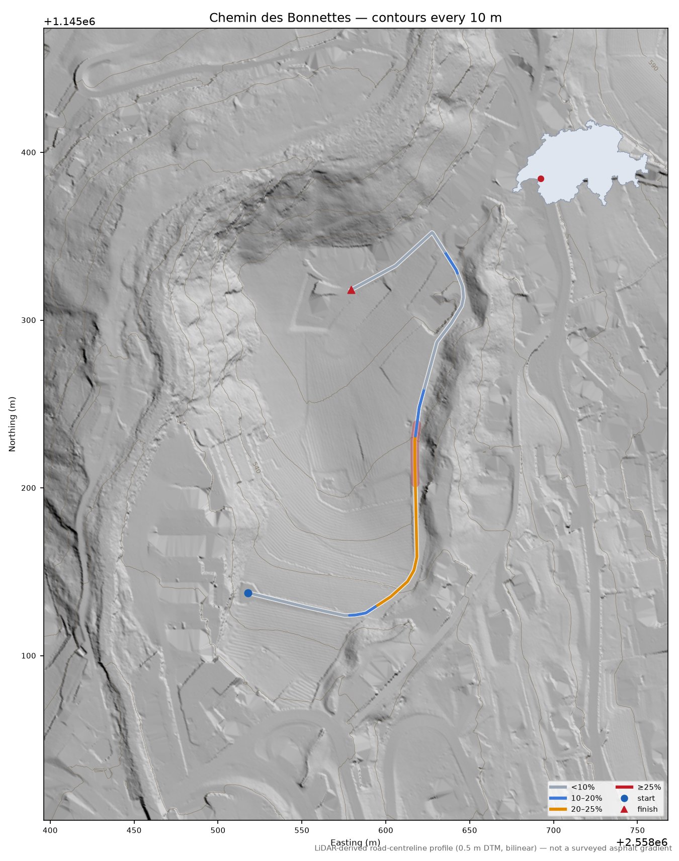 Chemin des Bonnettes LiDAR hillshade map with contours
