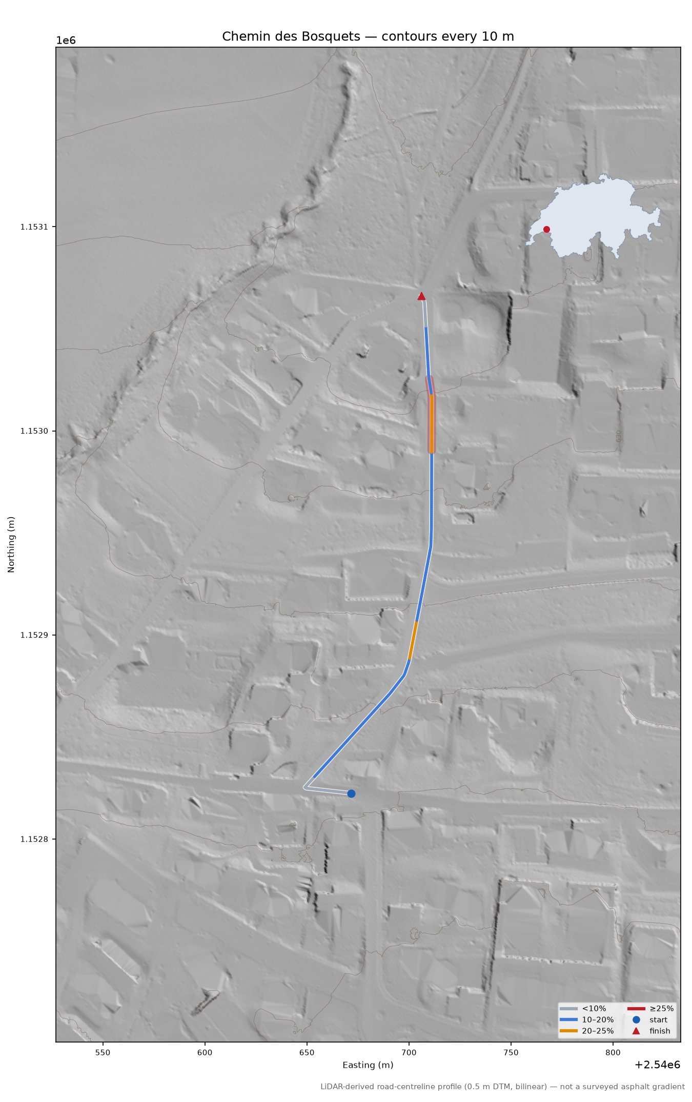 Chemin des Bosquets LiDAR hillshade map with contours