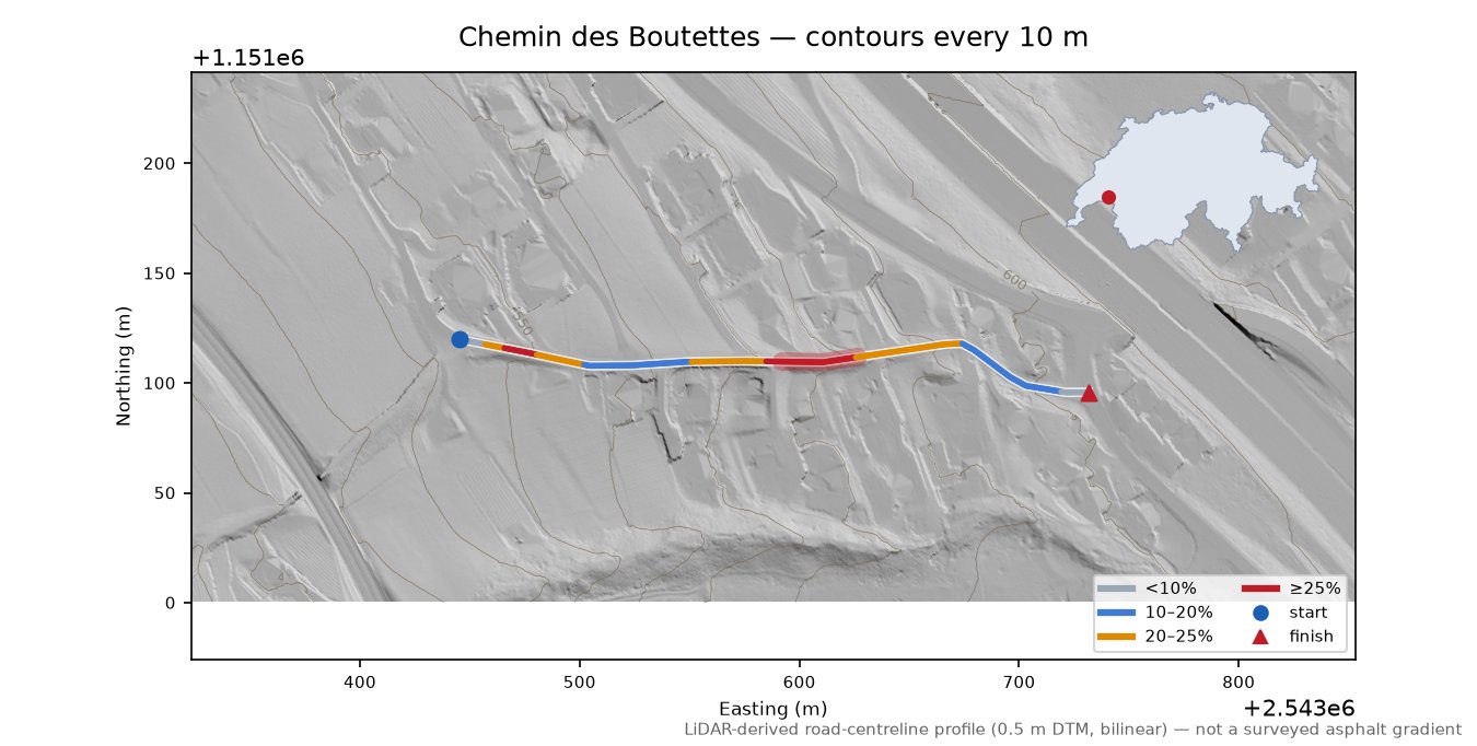 Chemin des Boutettes LiDAR hillshade map with contours