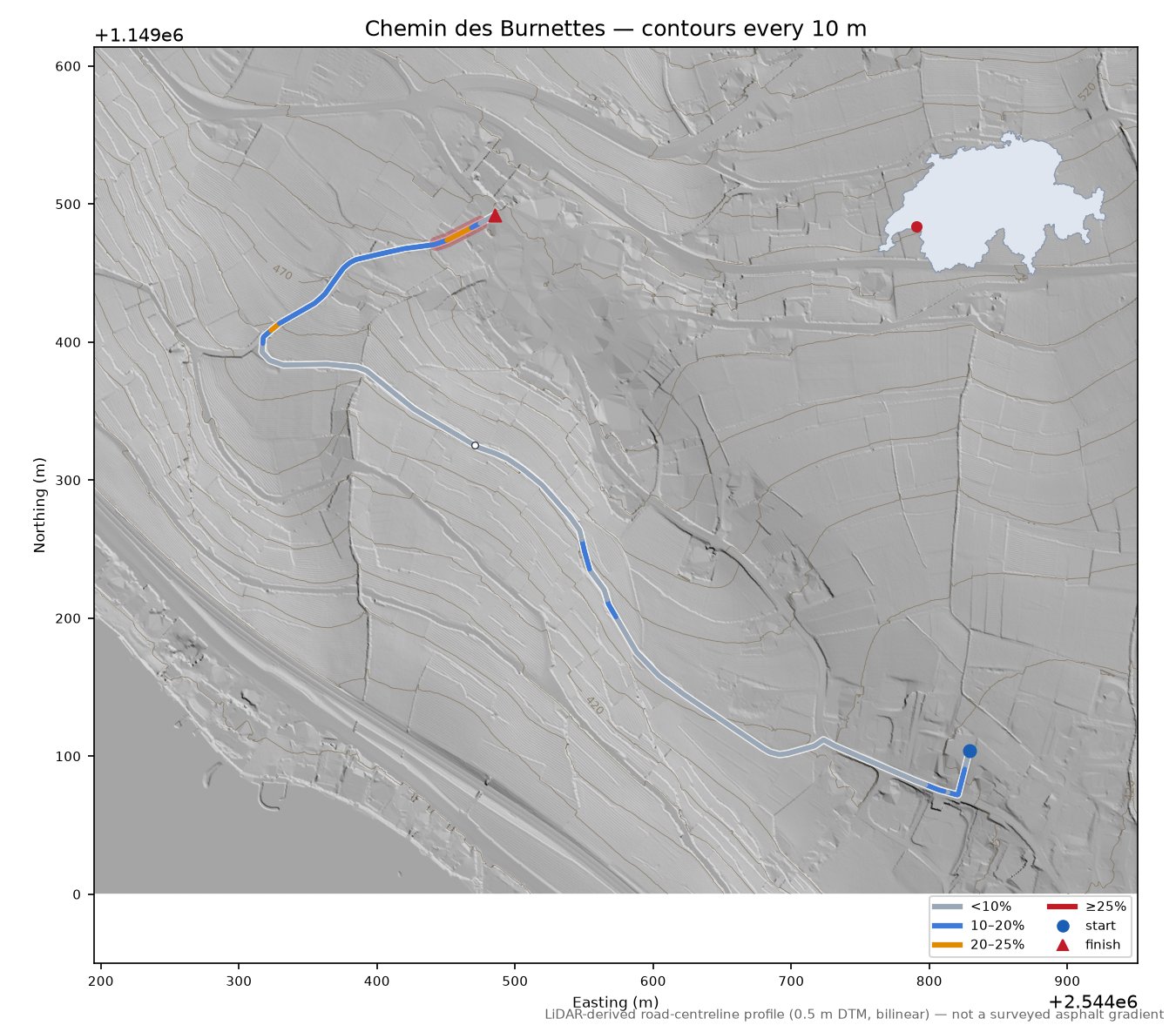 Chemin des Burnettes LiDAR hillshade map with contours