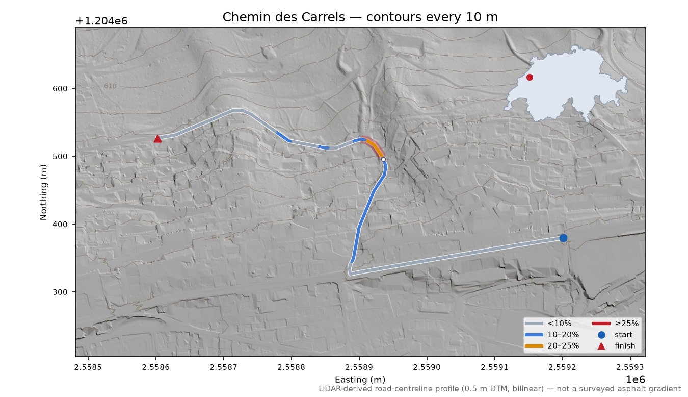 Chemin des Carrels LiDAR hillshade map with contours