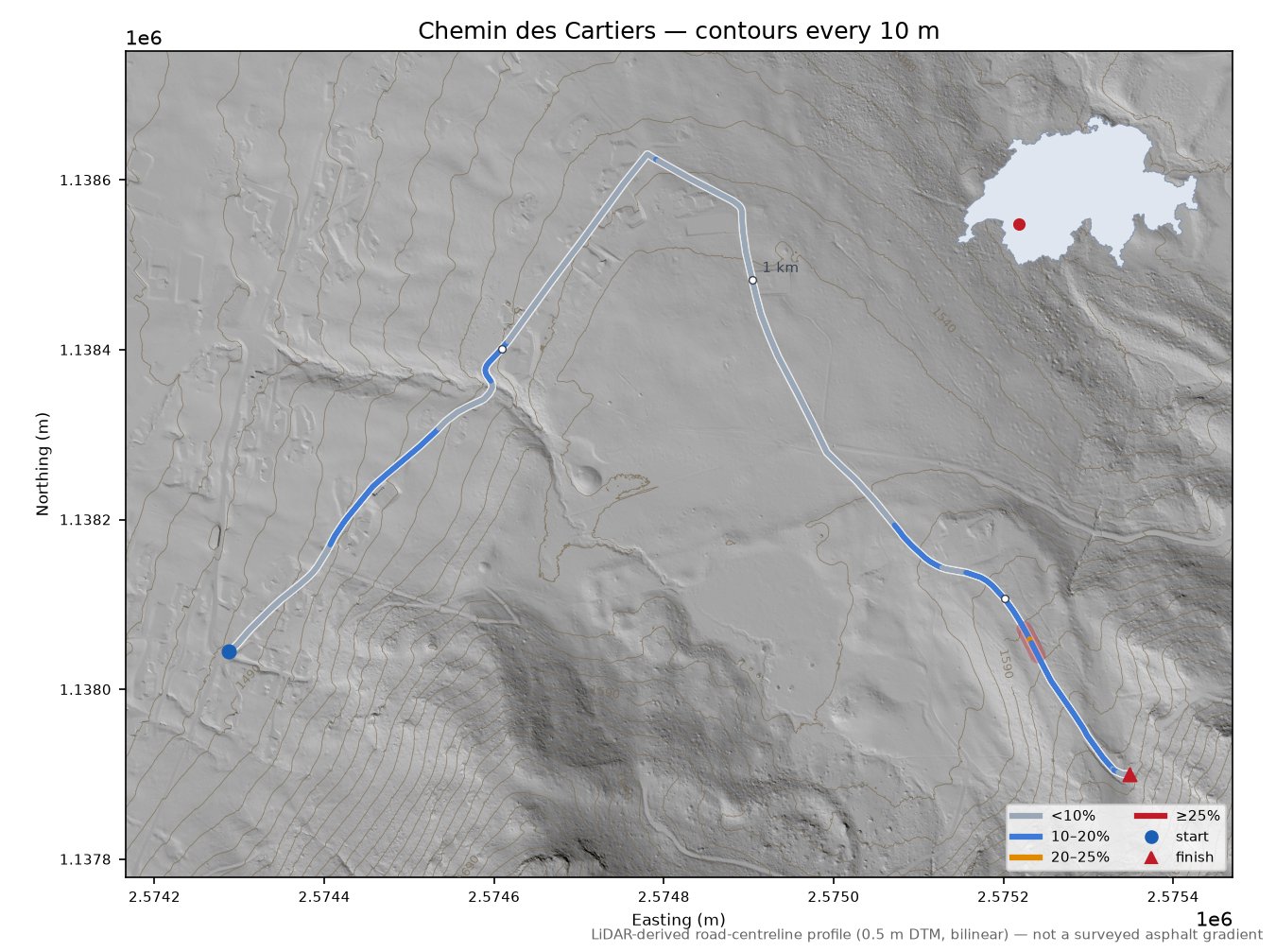 Chemin des Cartiers LiDAR hillshade map with contours