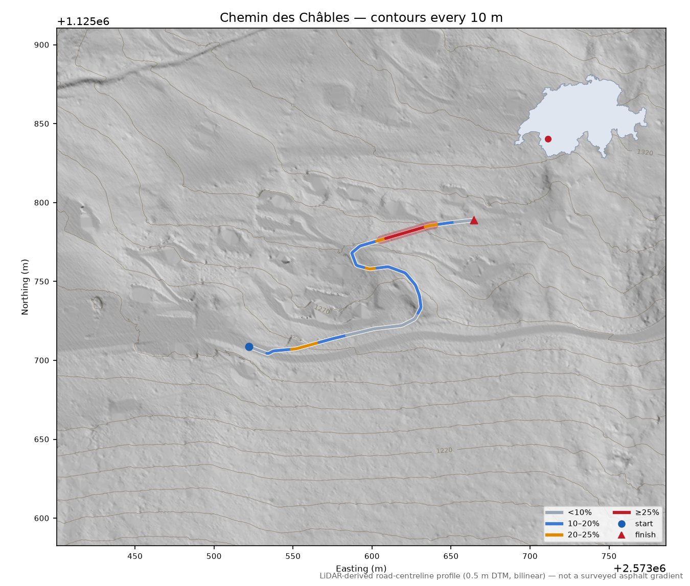 Chemin des Châbles LiDAR hillshade map with contours