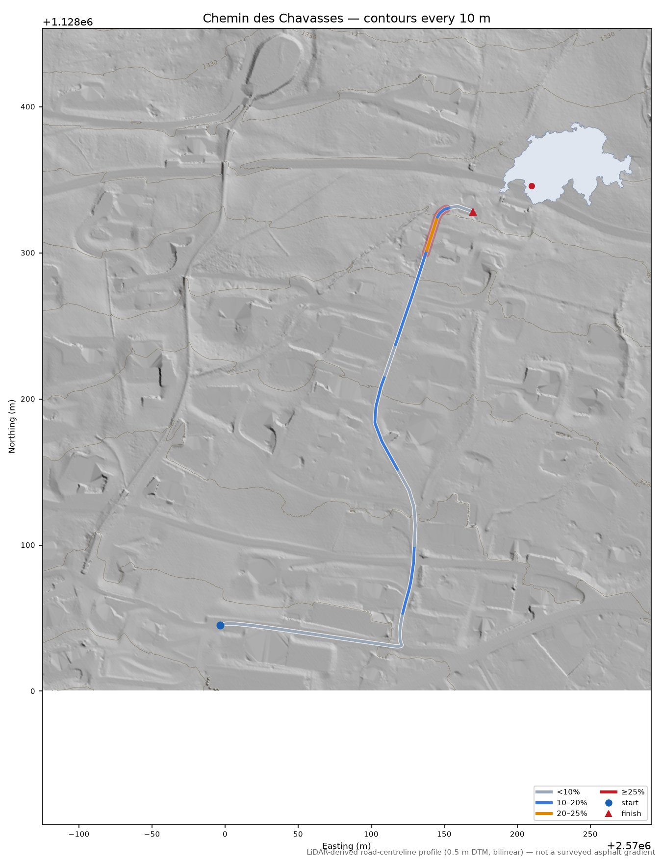 Chemin des Chavasses LiDAR hillshade map with contours
