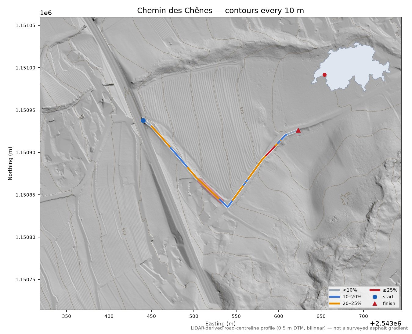 Chemin des Chênes LiDAR hillshade map with contours