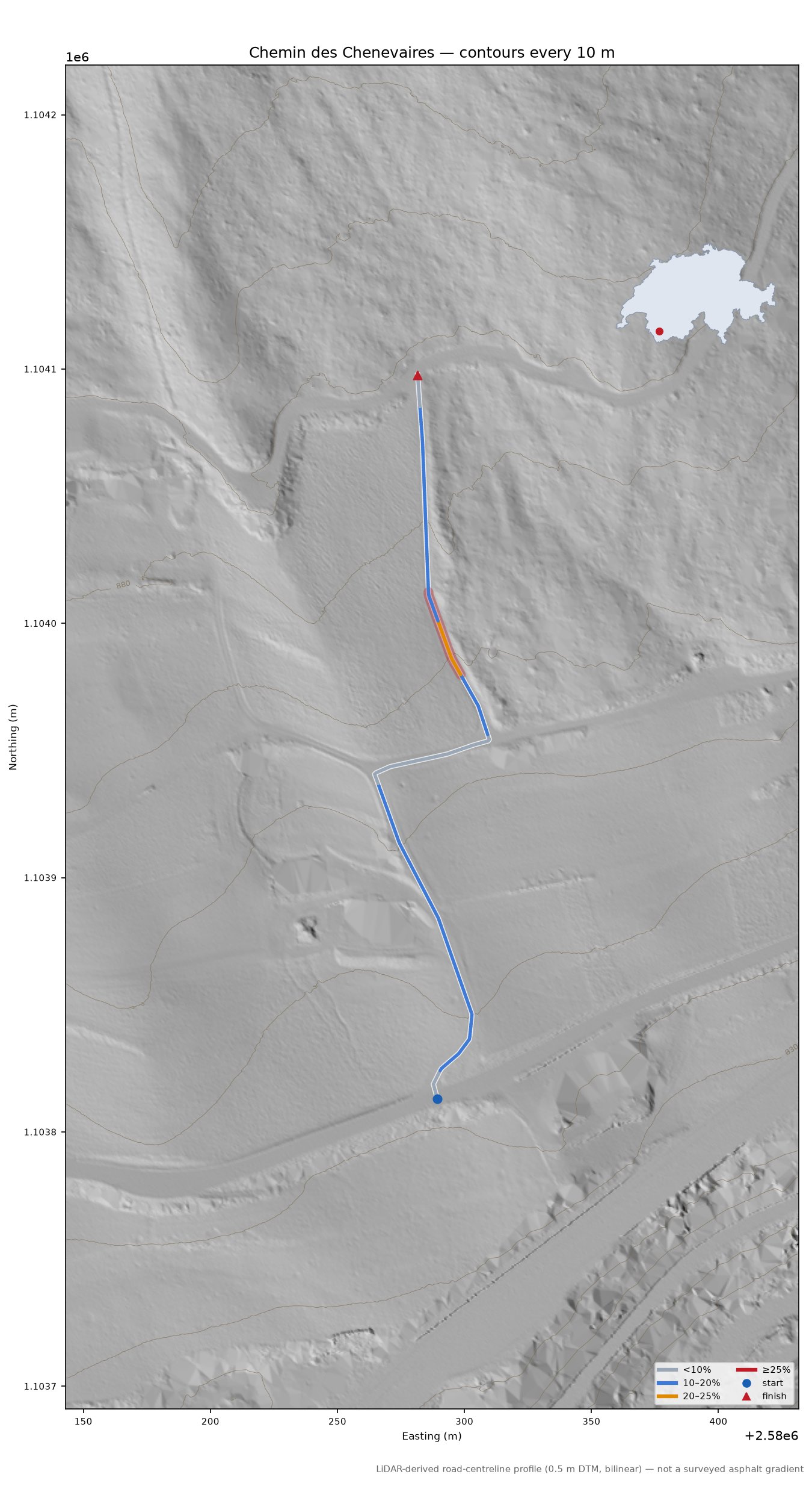 Chemin des Chenevaires LiDAR hillshade map with contours