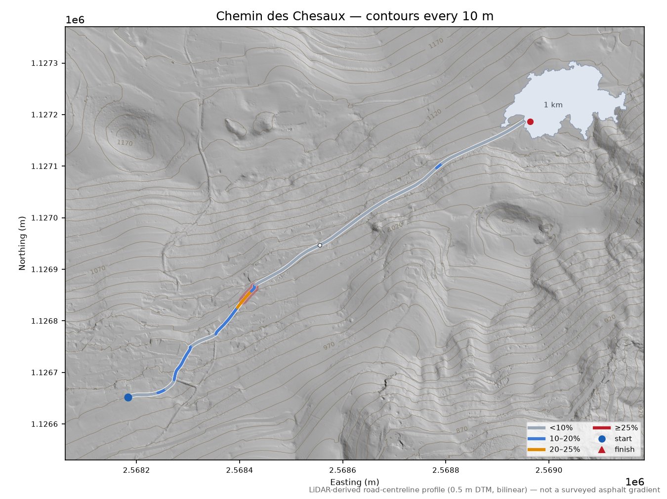 Chemin des Chesaux LiDAR hillshade map with contours