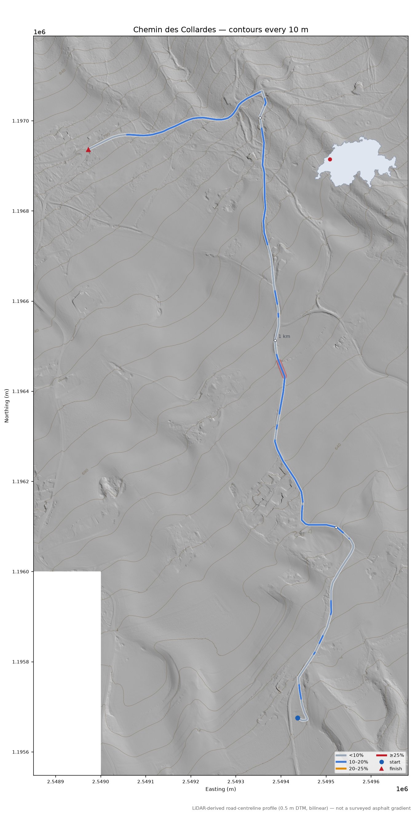 Chemin des Collardes LiDAR hillshade map with contours