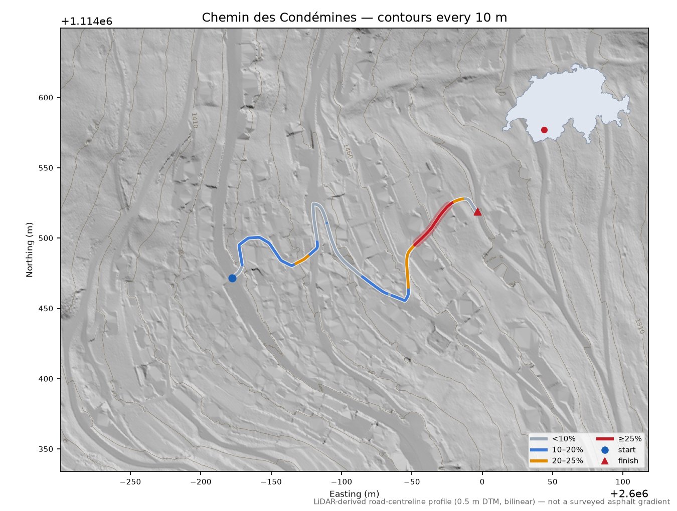 Chemin des Condémines LiDAR hillshade map with contours