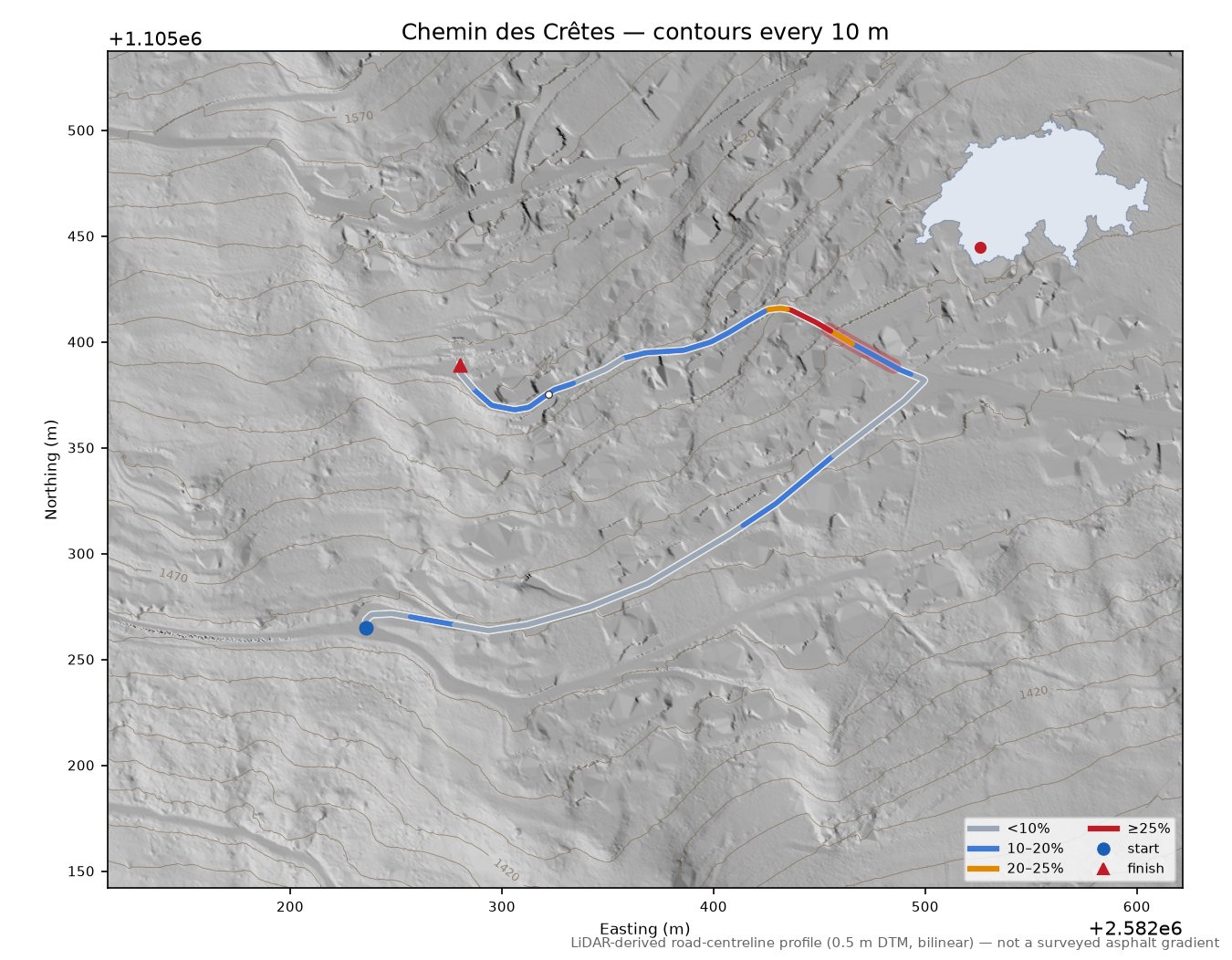 Chemin des Crêtes LiDAR hillshade map with contours