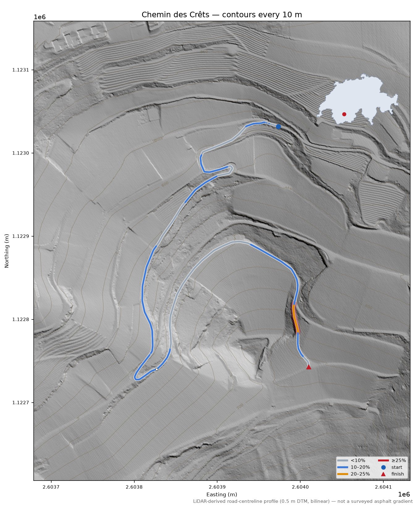 Chemin des Crêts LiDAR hillshade map with contours