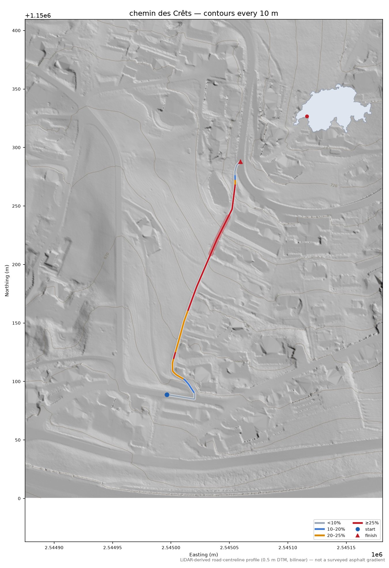 chemin des Crêts LiDAR hillshade map with contours