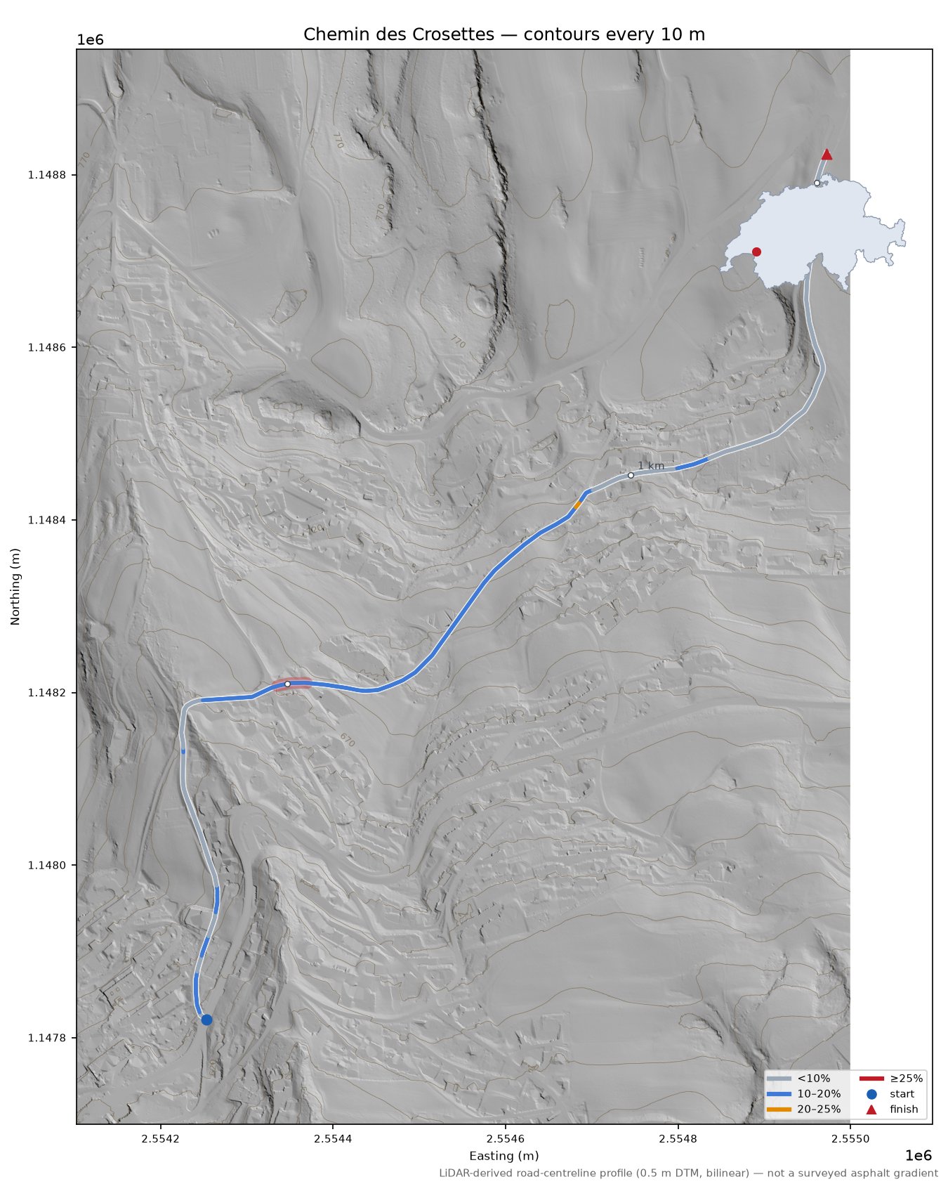 Chemin des Crosettes LiDAR hillshade map with contours
