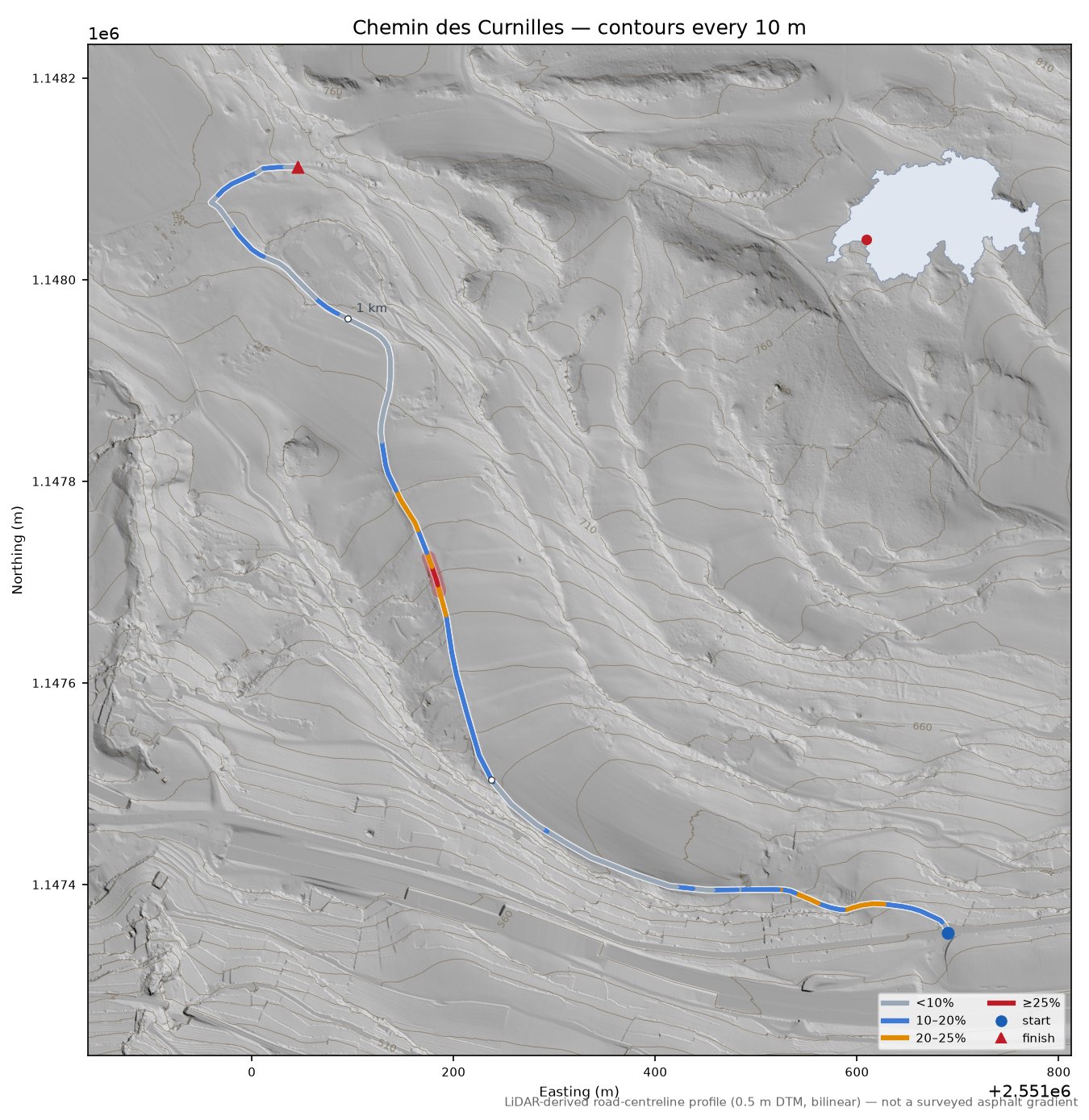 Chemin des Curnilles LiDAR hillshade map with contours