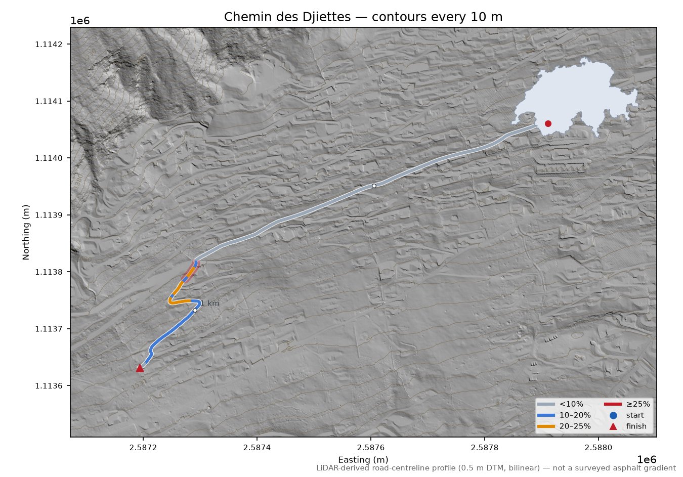Chemin des Djiettes LiDAR hillshade map with contours