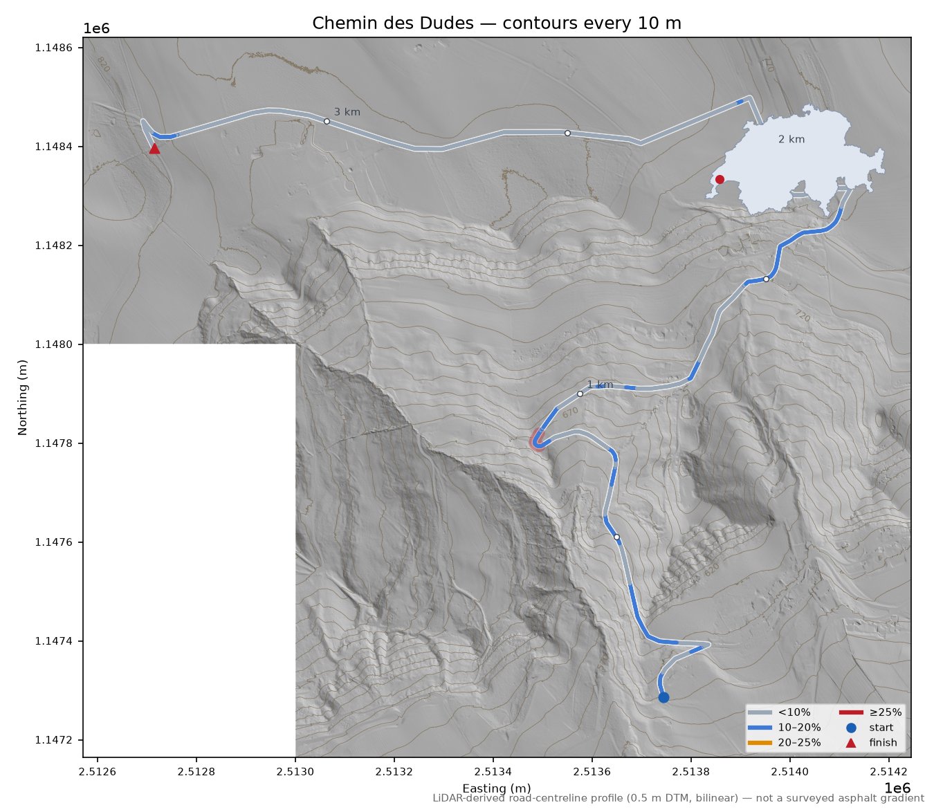 Chemin des Dudes LiDAR hillshade map with contours