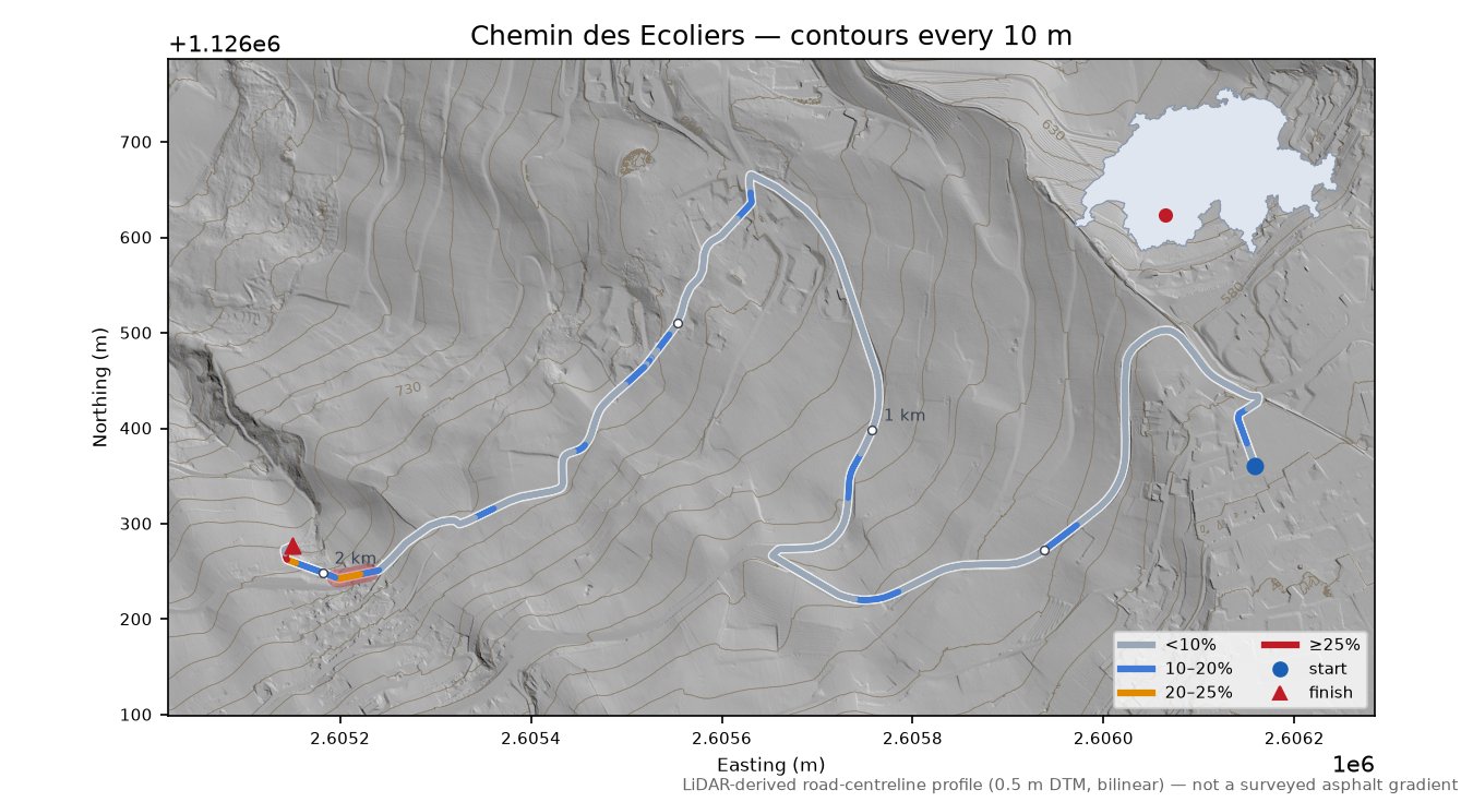 Chemin des Ecoliers LiDAR hillshade map with contours