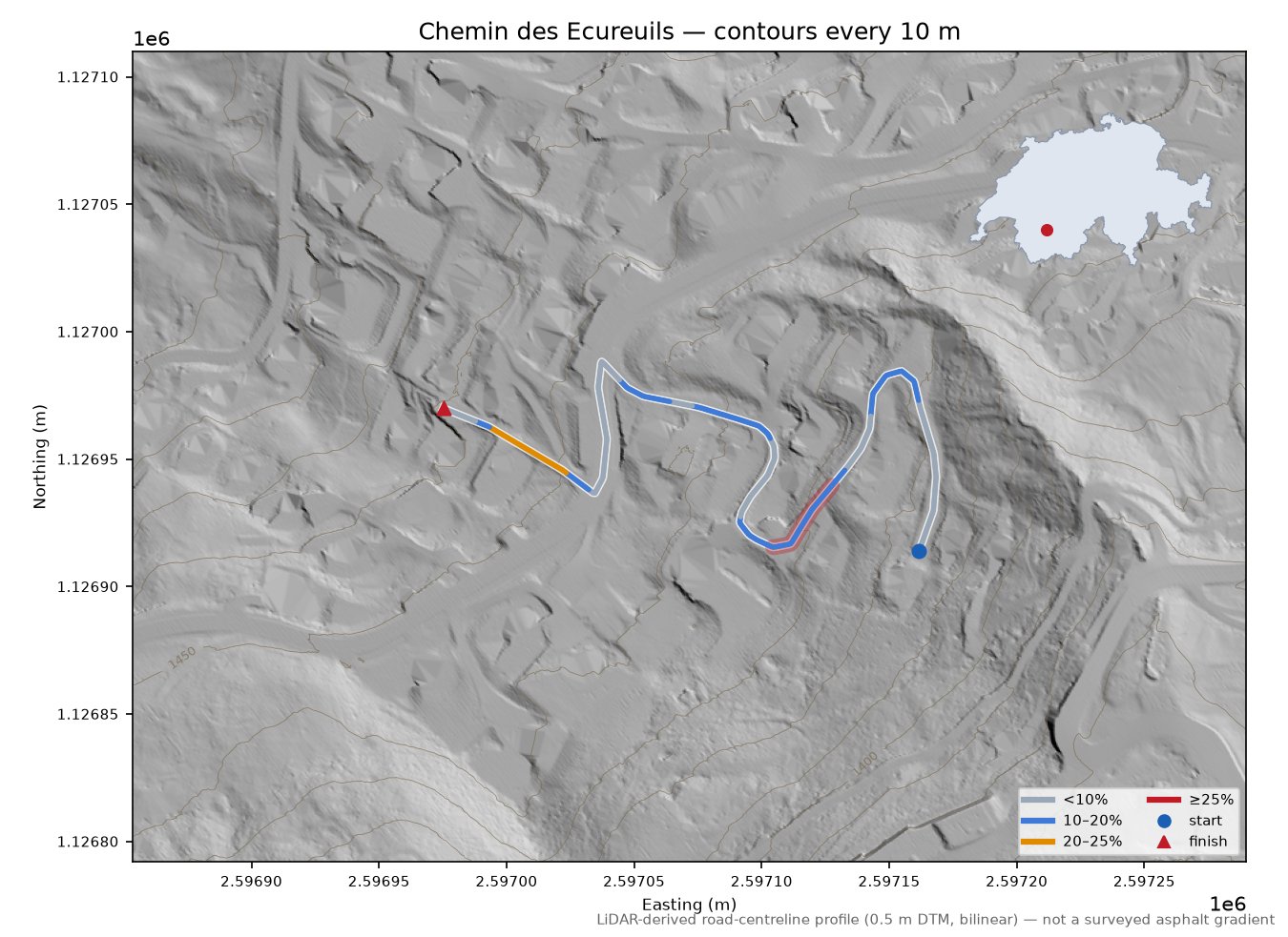 Chemin des Ecureuils LiDAR hillshade map with contours