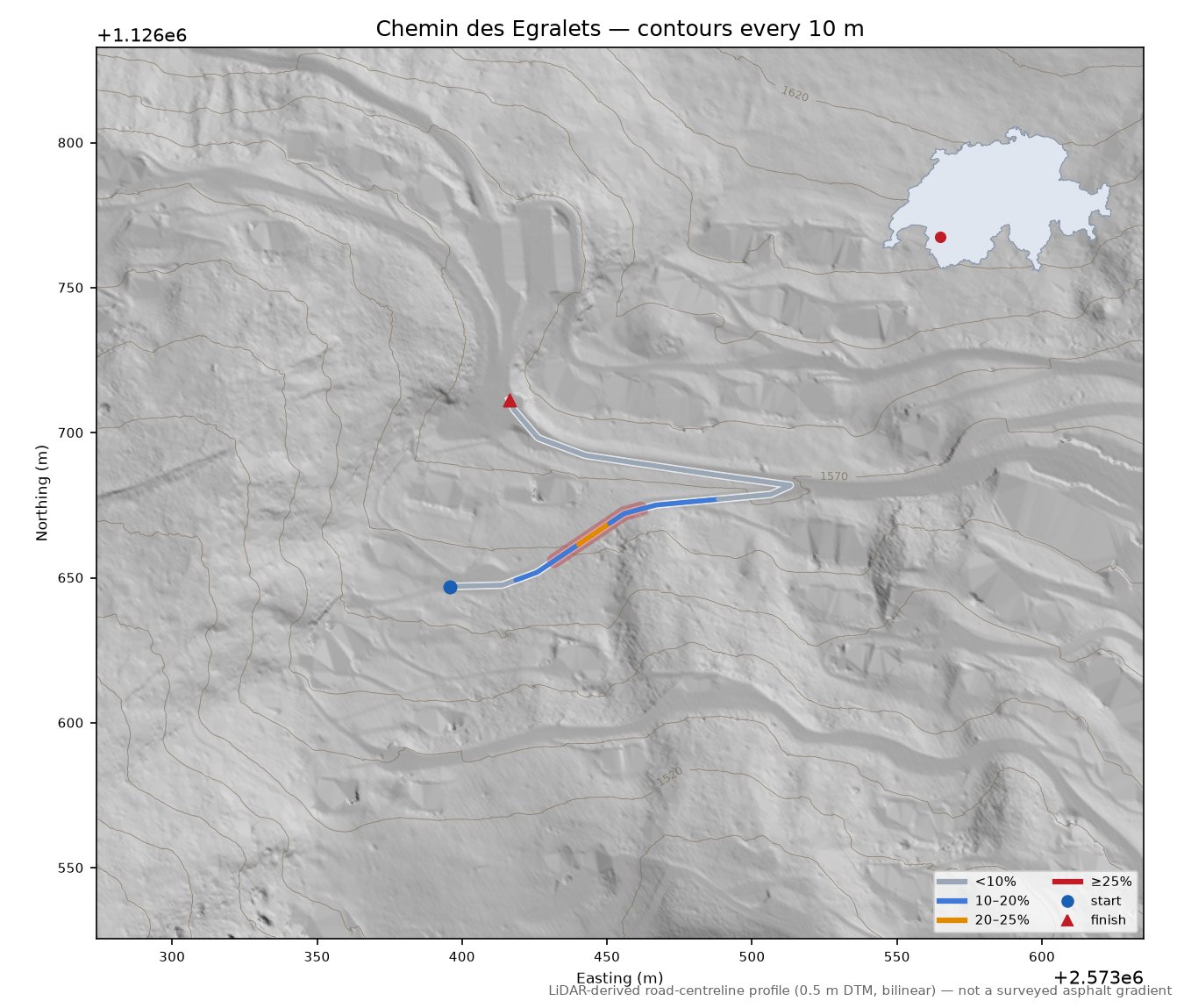 Chemin des Egralets LiDAR hillshade map with contours
