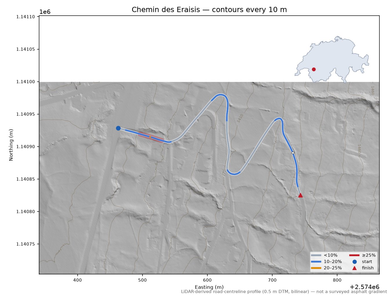 Chemin des Eraisis LiDAR hillshade map with contours