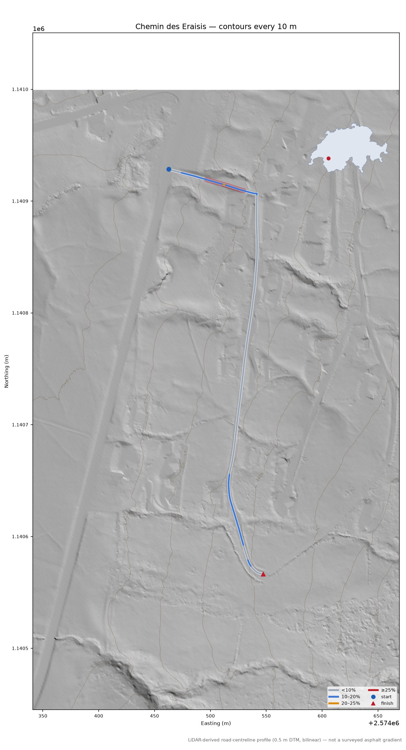 Chemin des Eraisis LiDAR hillshade map with contours