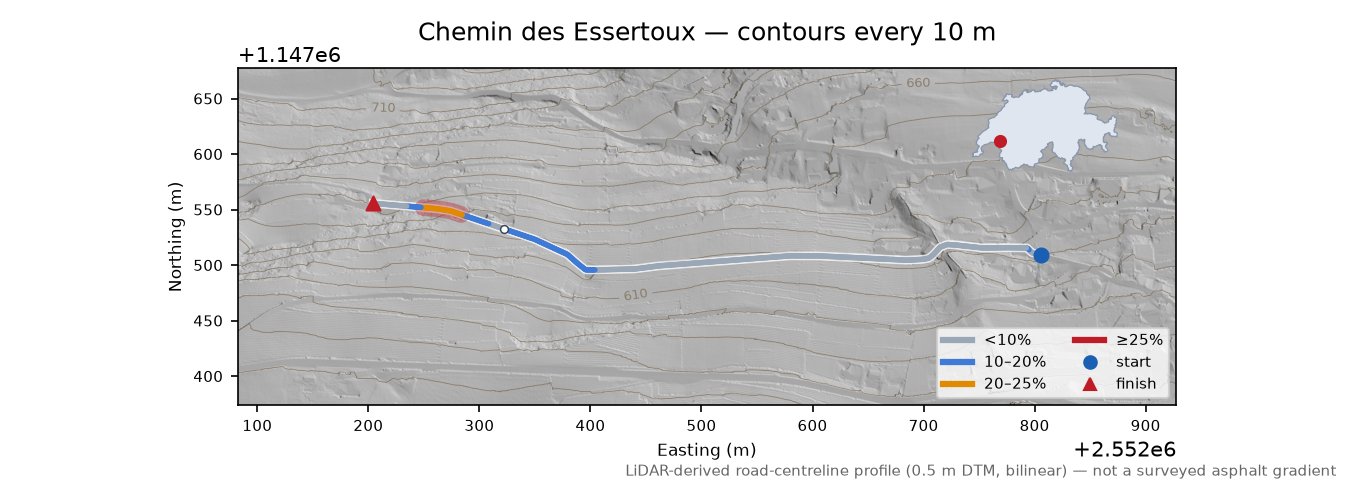 Chemin des Essertoux LiDAR hillshade map with contours