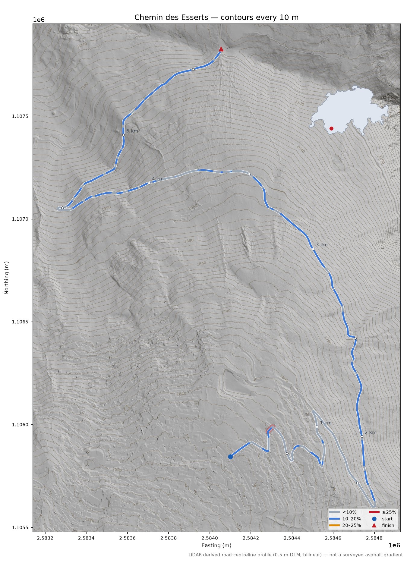Chemin des Esserts LiDAR hillshade map with contours