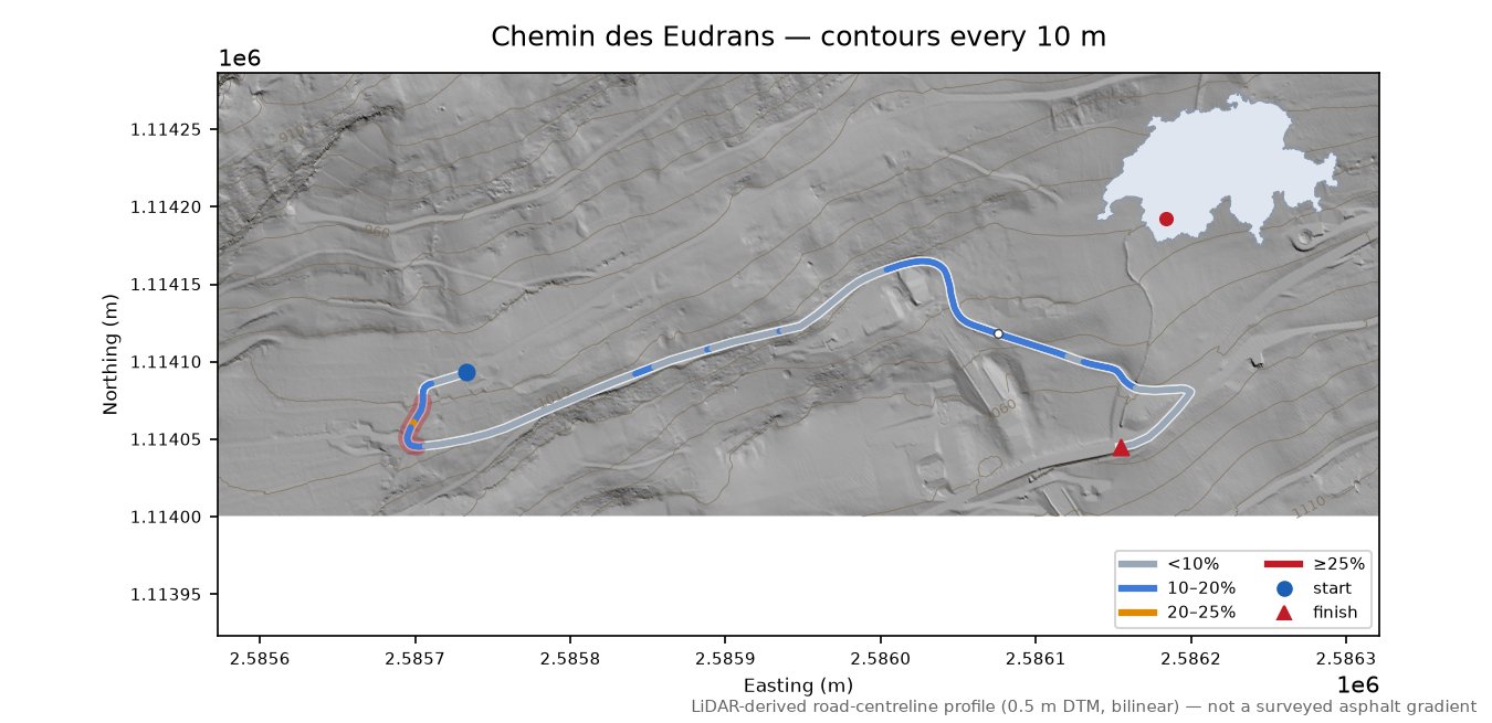 Chemin des Eudrans LiDAR hillshade map with contours