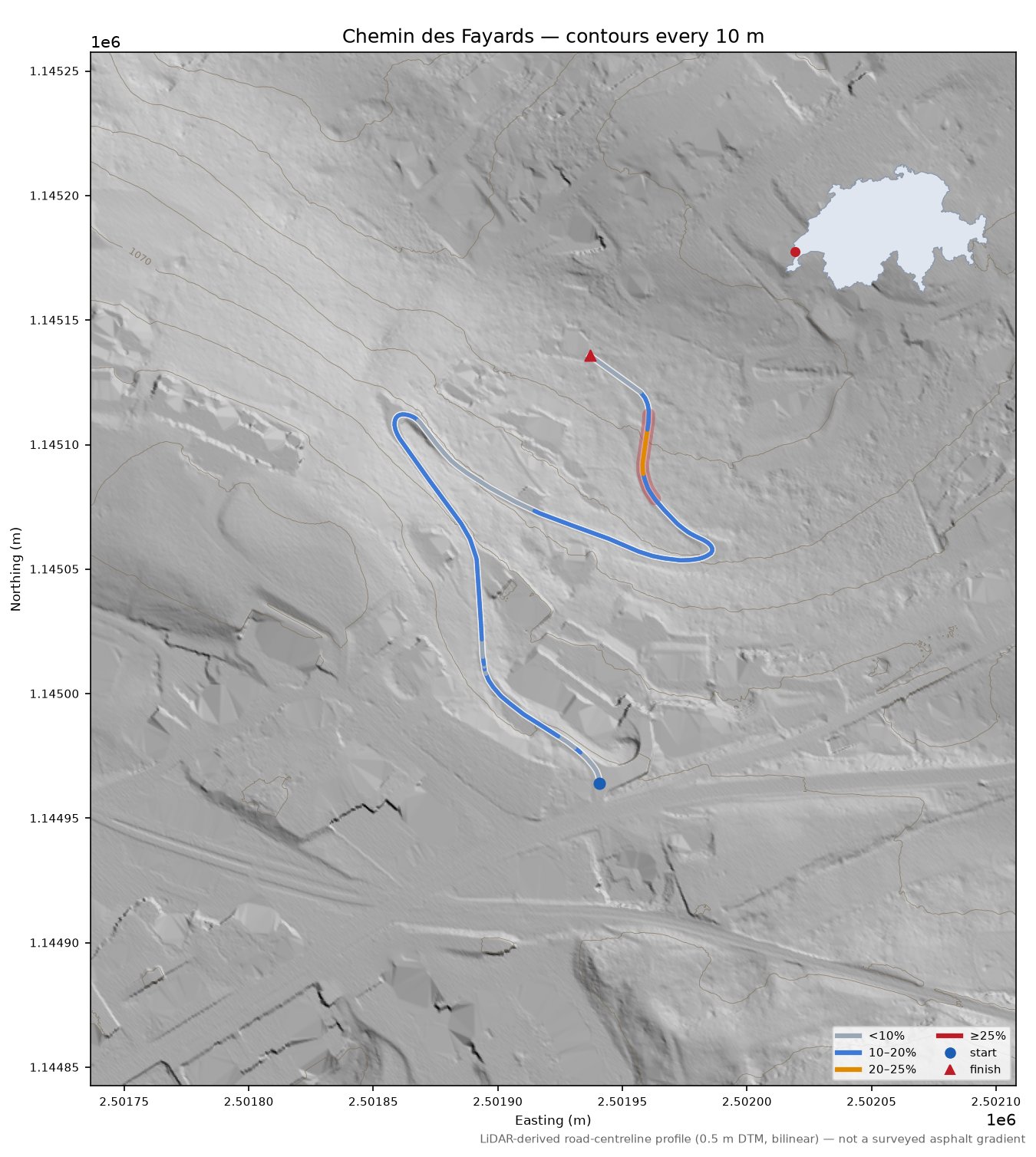Chemin des Fayards LiDAR hillshade map with contours