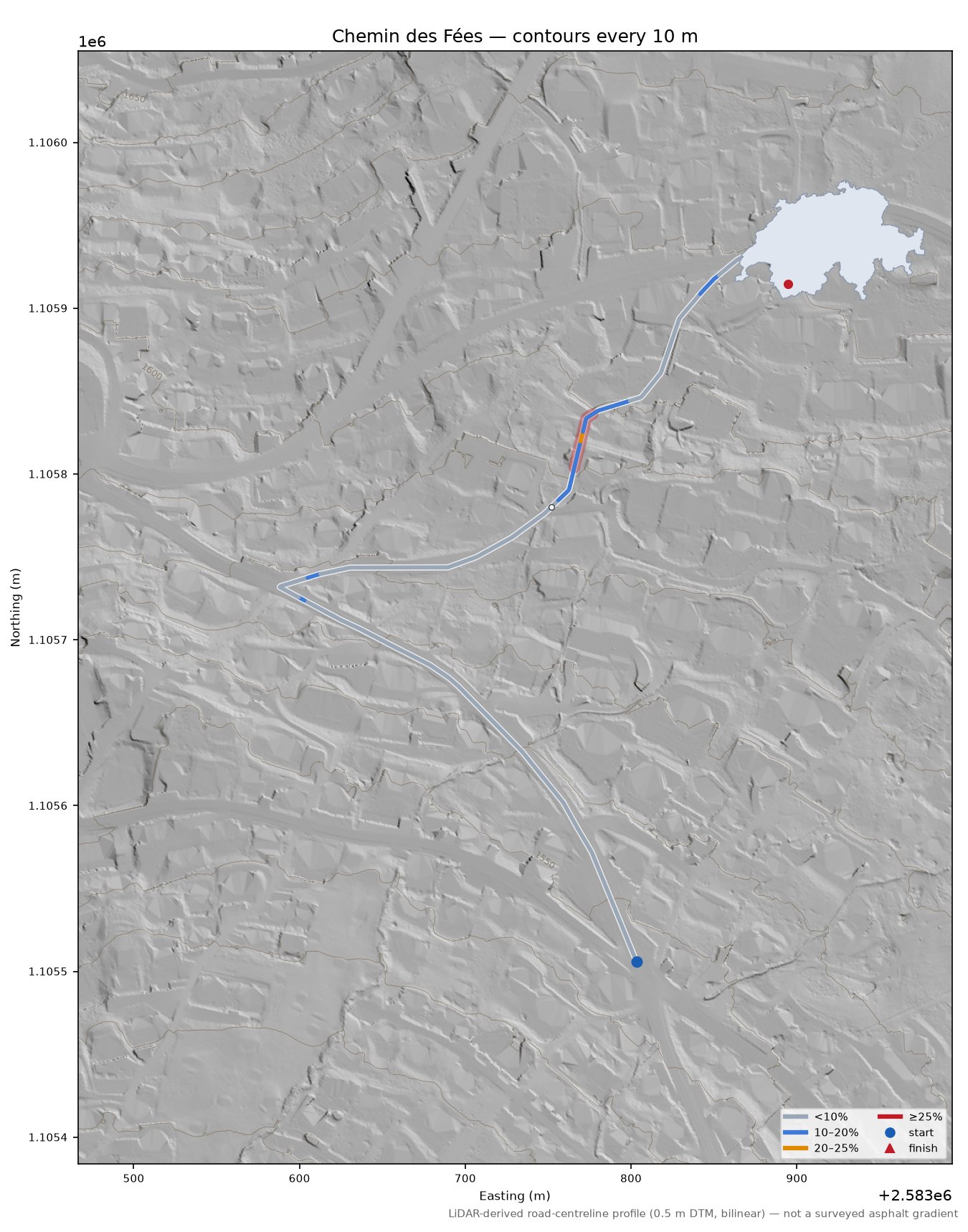 Chemin des Fées LiDAR hillshade map with contours