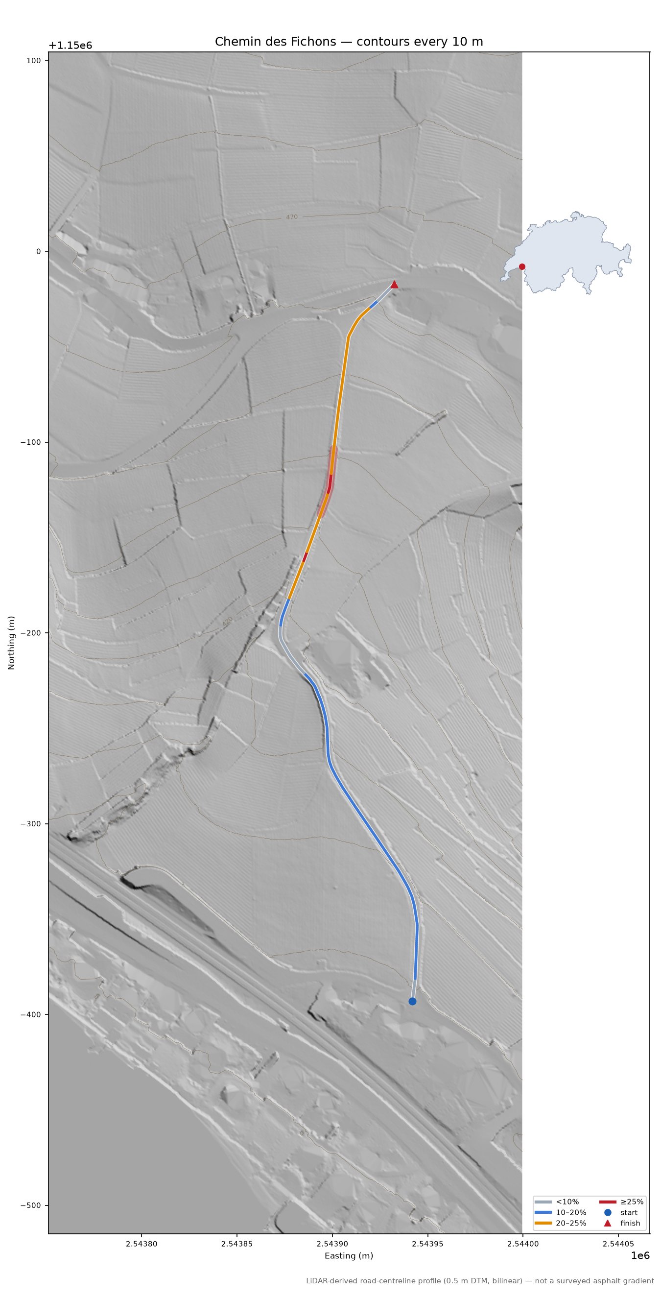 Chemin des Fichons LiDAR hillshade map with contours