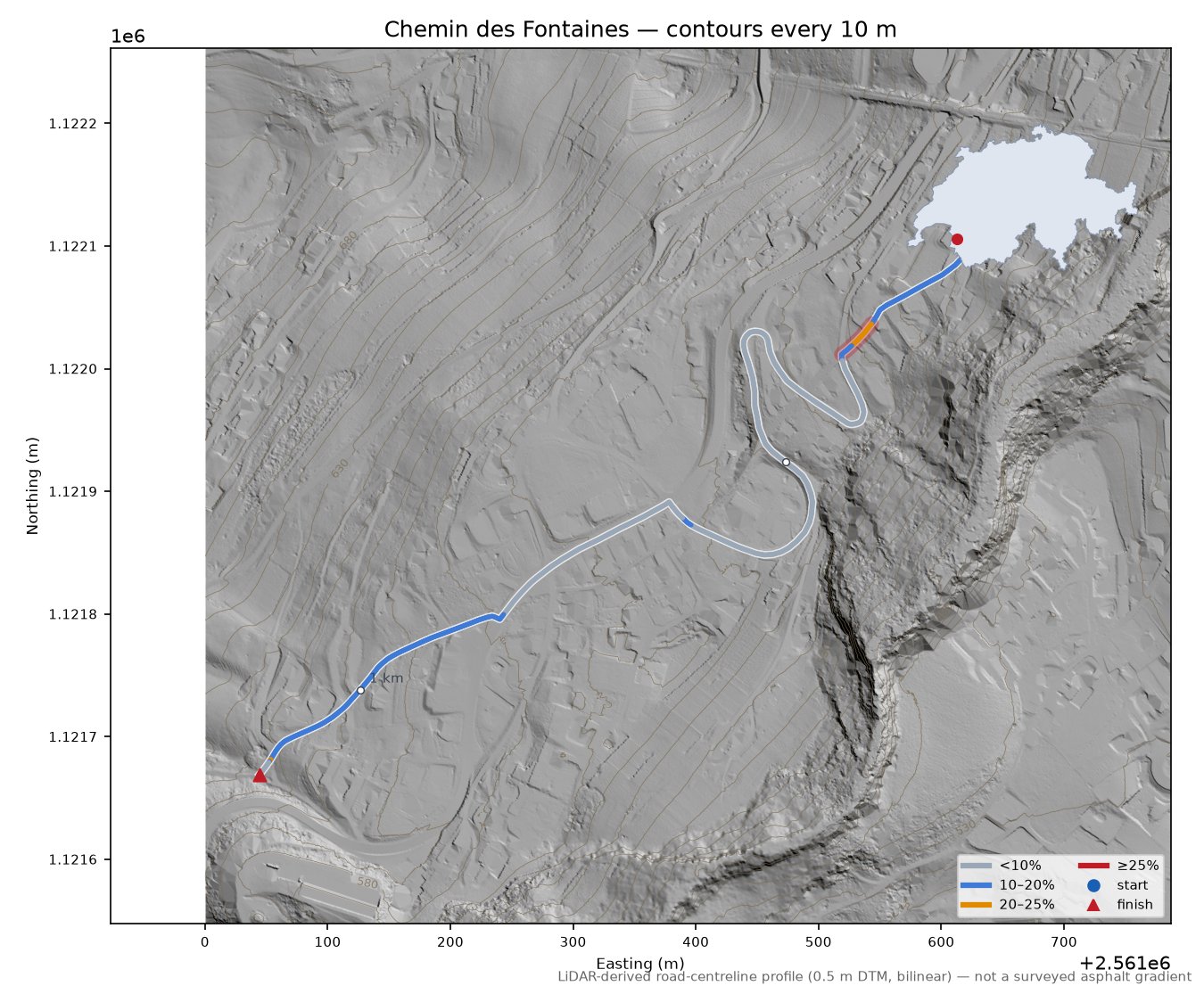Chemin des Fontaines LiDAR hillshade map with contours