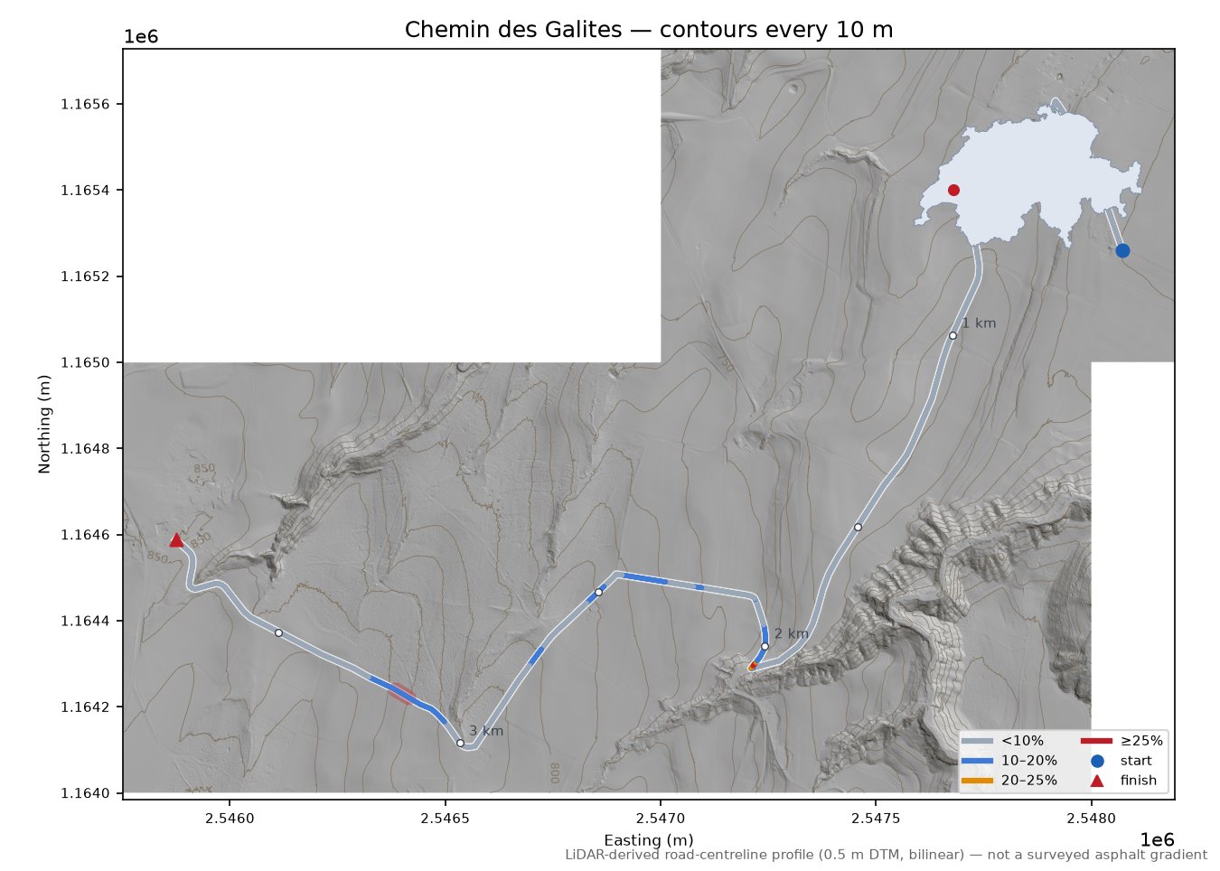 Chemin des Galites LiDAR hillshade map with contours