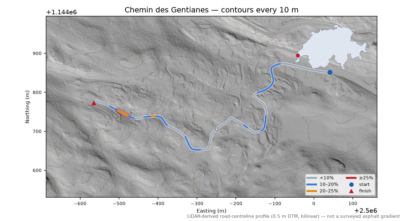Chemin des Gentianes LiDAR hillshade map with contours