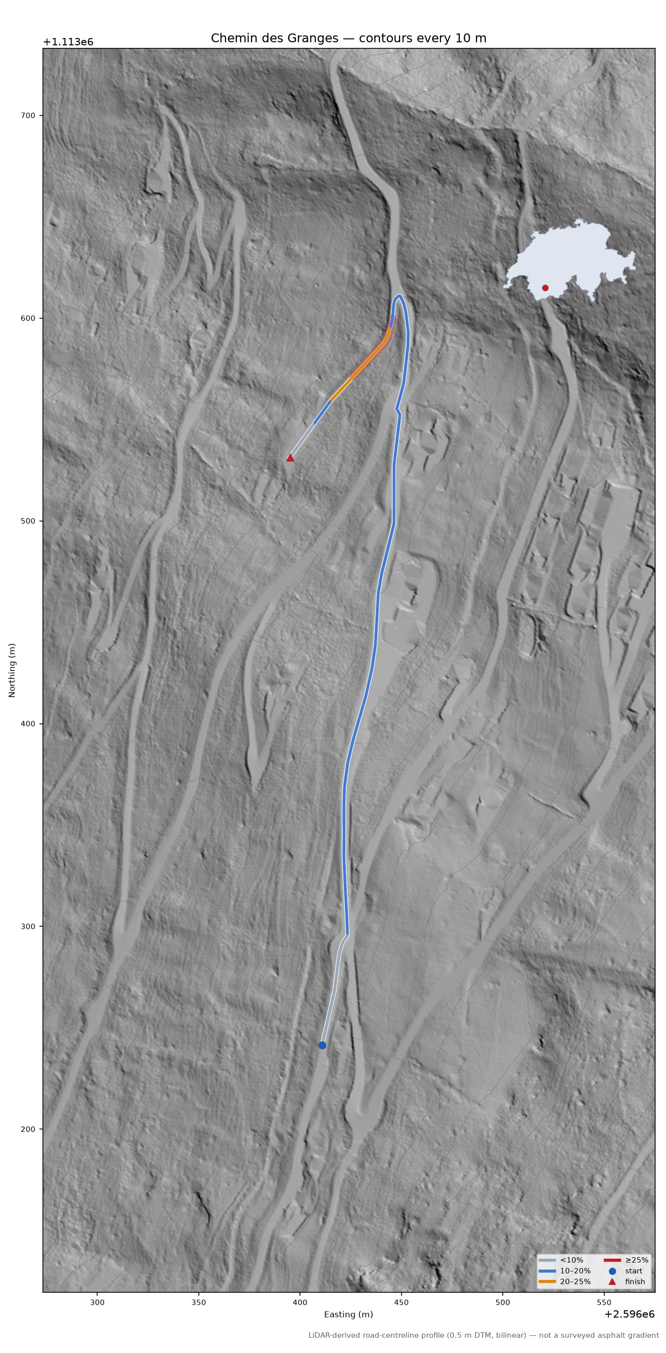 Chemin des Granges LiDAR hillshade map with contours