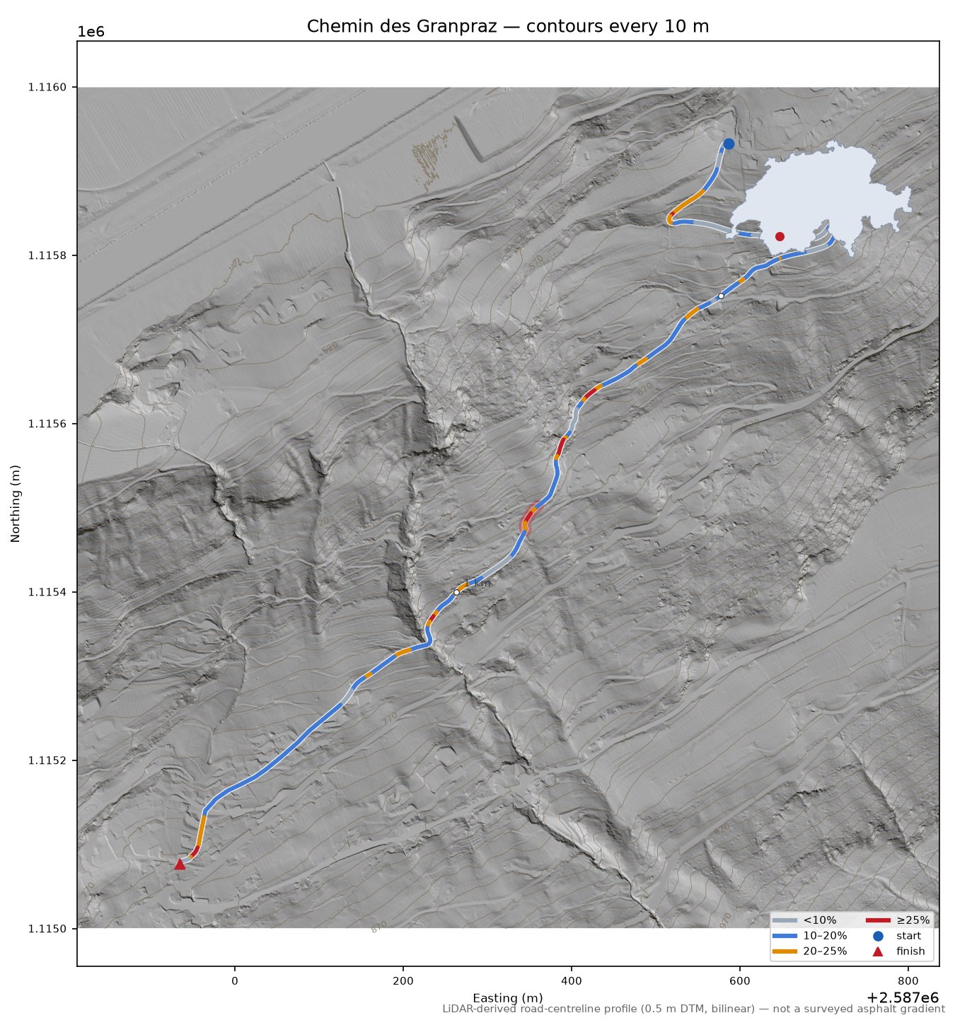 Chemin des Granpraz LiDAR hillshade map with contours