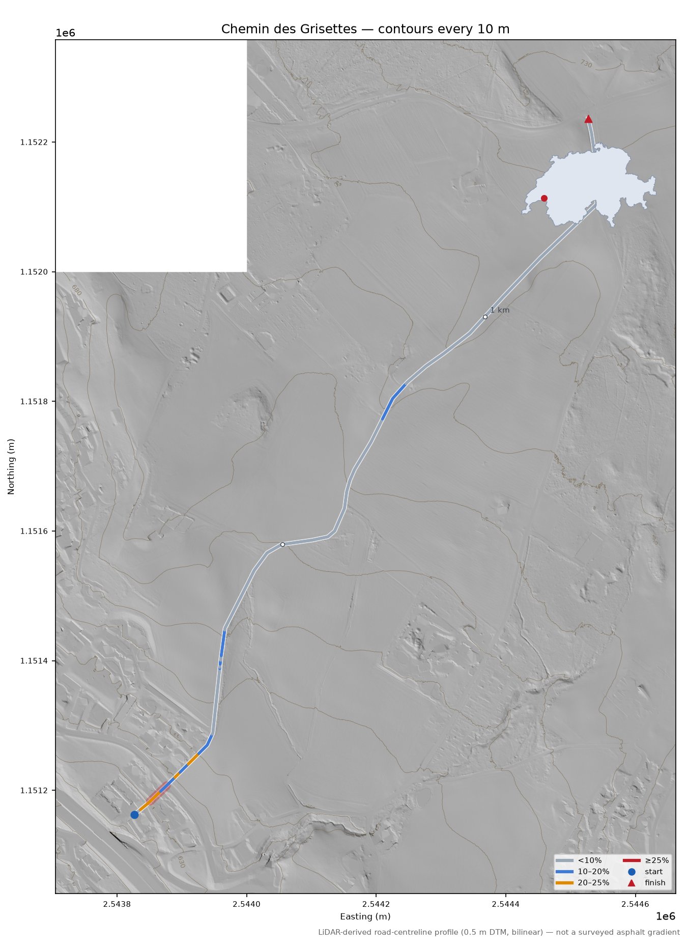 Chemin des Grisettes LiDAR hillshade map with contours