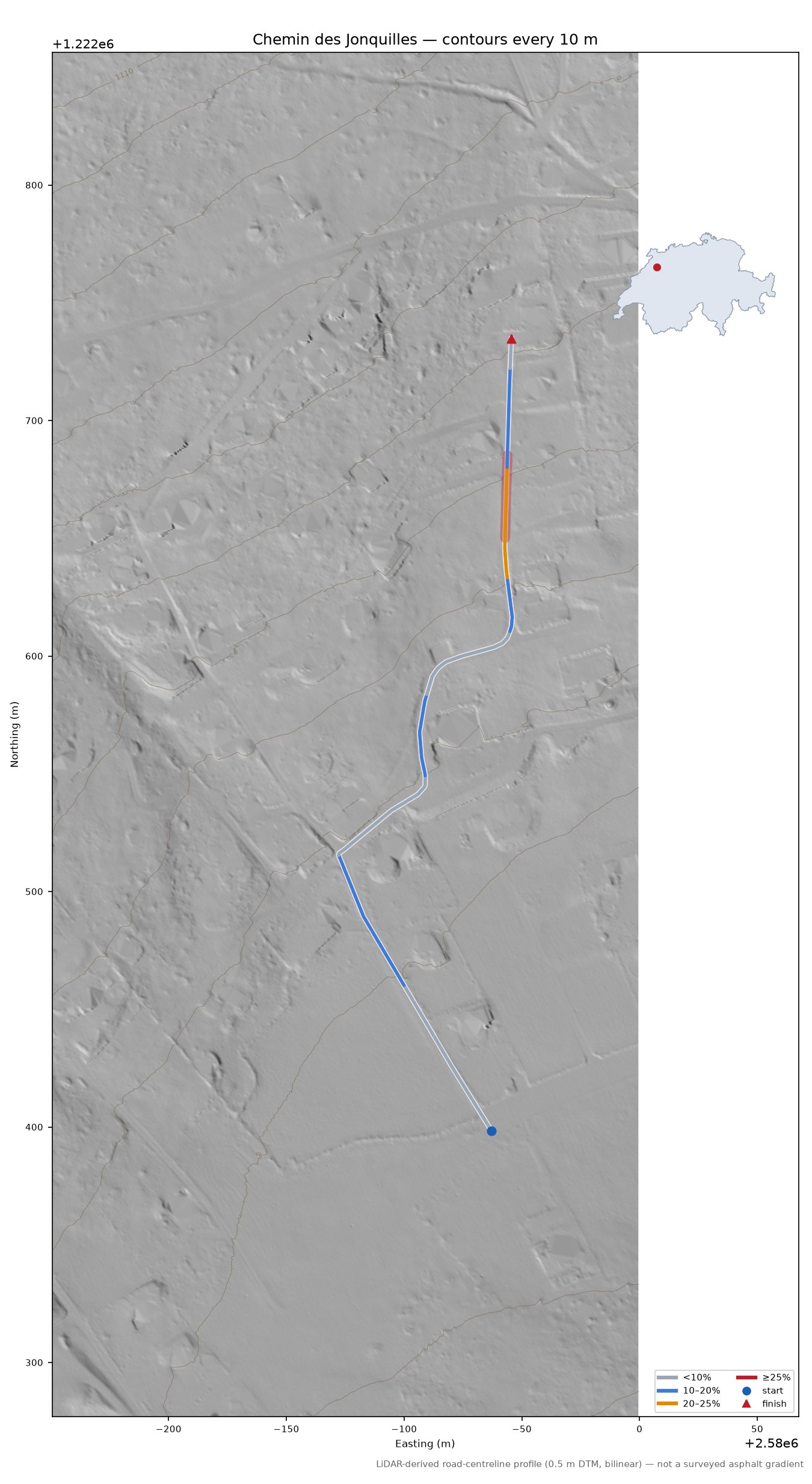 Chemin des Jonquilles LiDAR hillshade map with contours