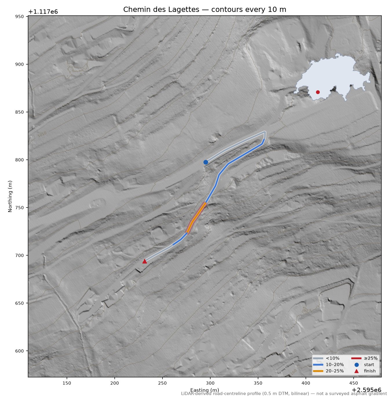 Chemin des Lagettes LiDAR hillshade map with contours