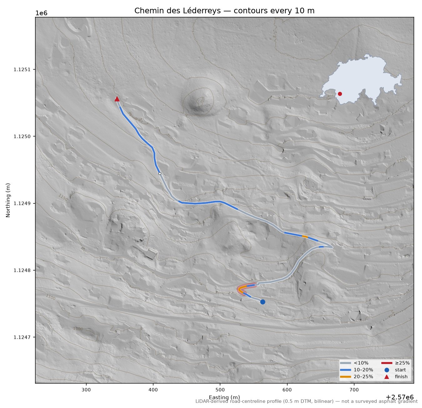 Chemin des Léderreys LiDAR hillshade map with contours