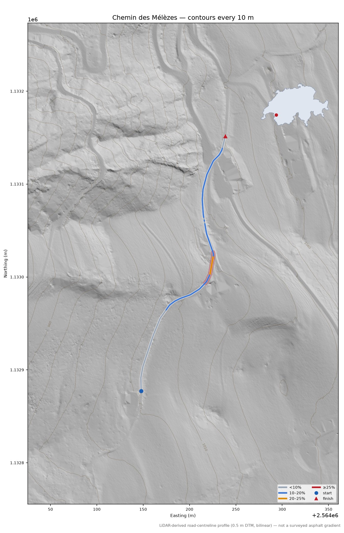 Chemin des Mélèzes LiDAR hillshade map with contours