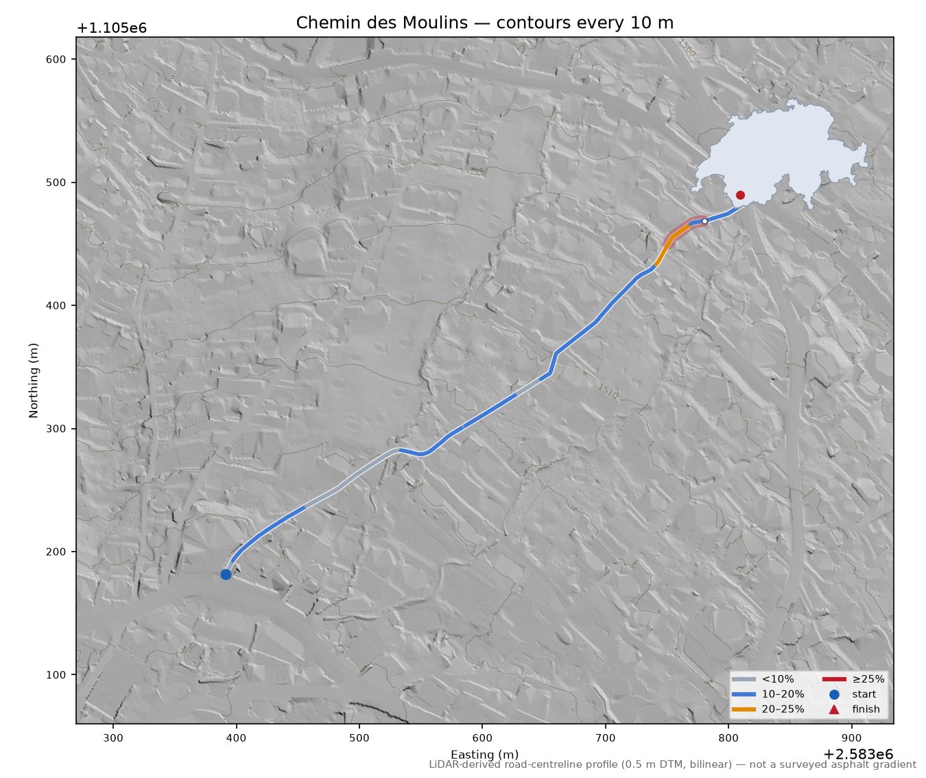 Chemin des Moulins LiDAR hillshade map with contours