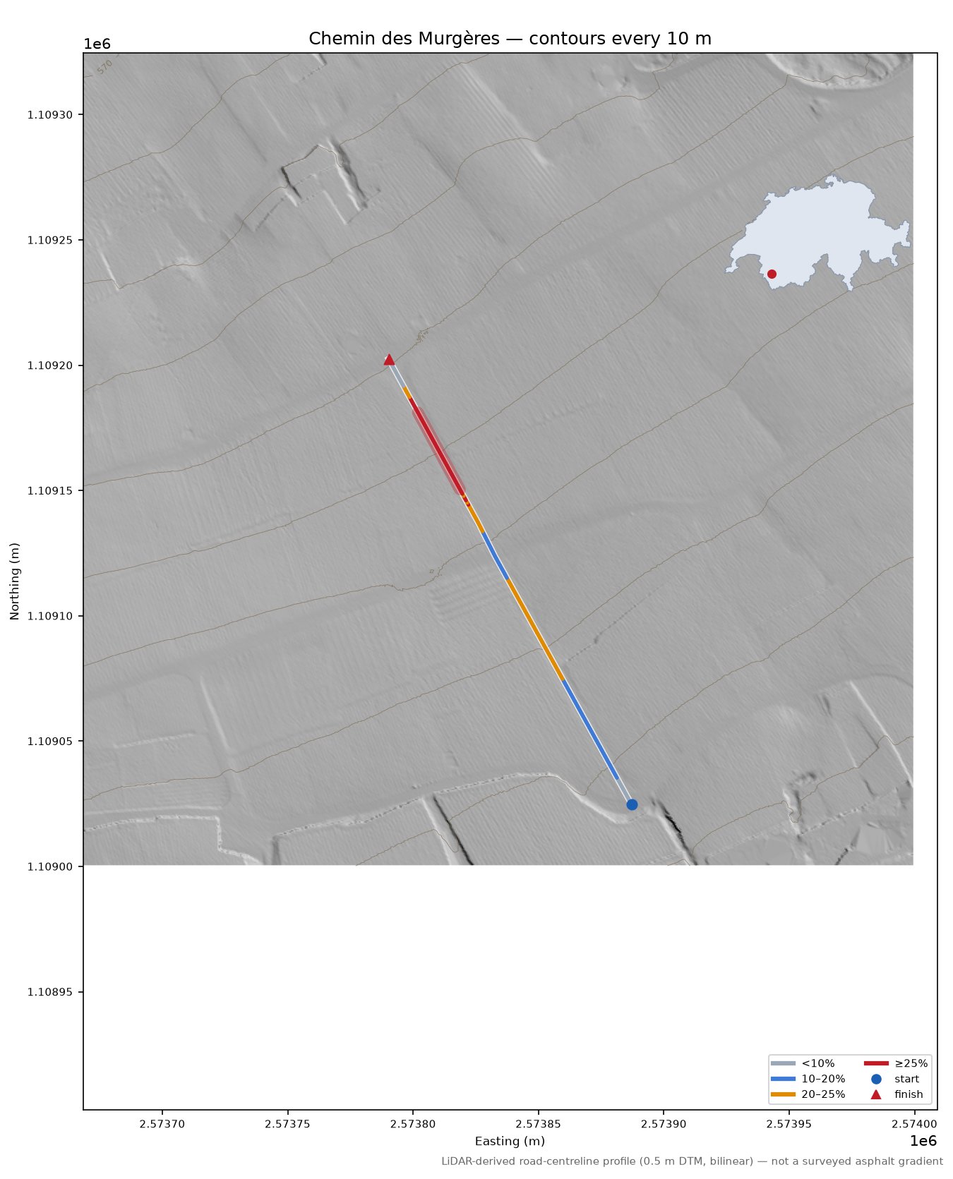 Chemin des Murgères LiDAR hillshade map with contours