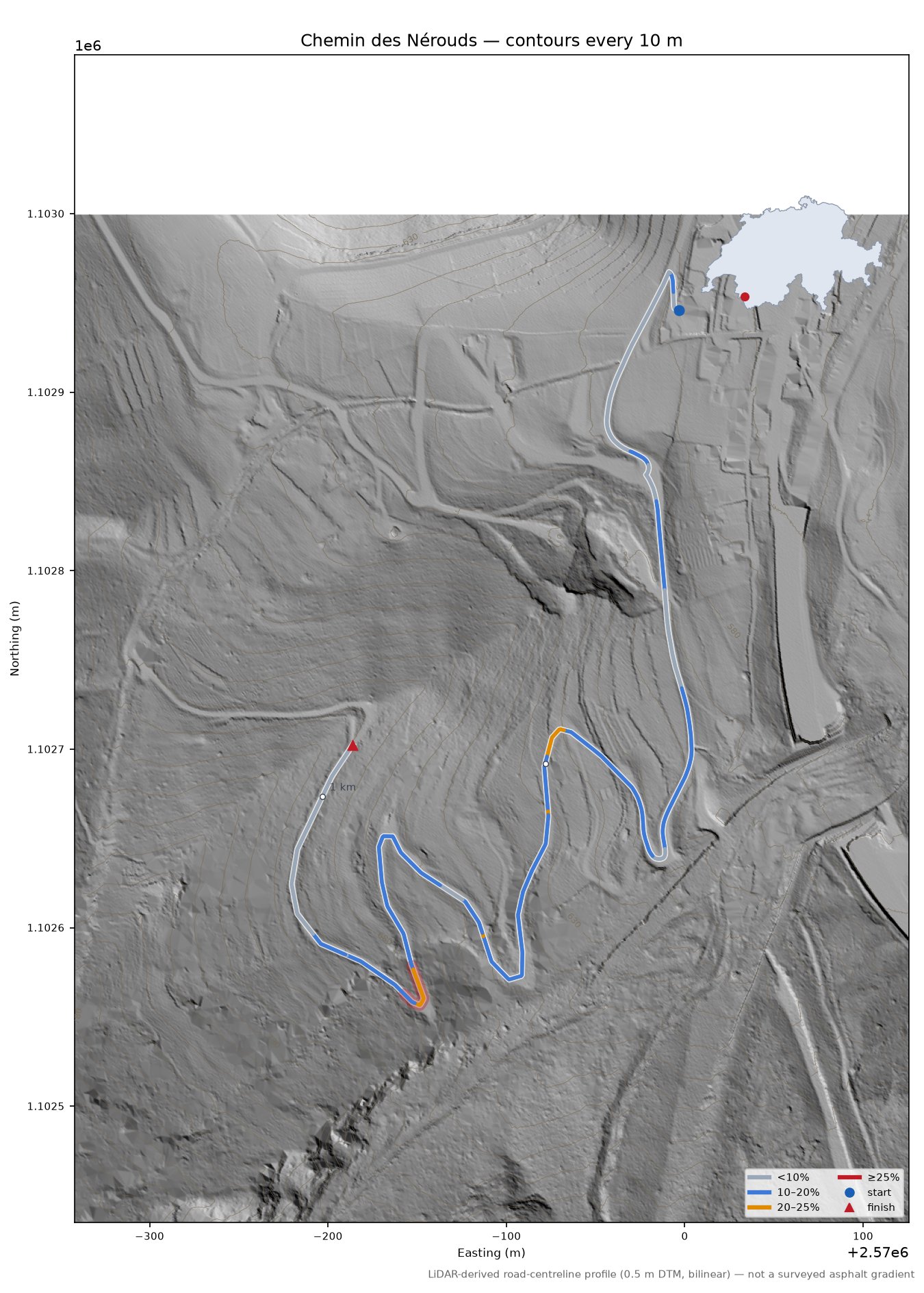 Chemin des Nérouds LiDAR hillshade map with contours