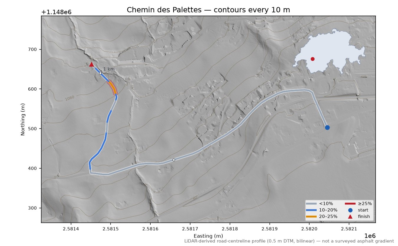 Chemin des Palettes LiDAR hillshade map with contours