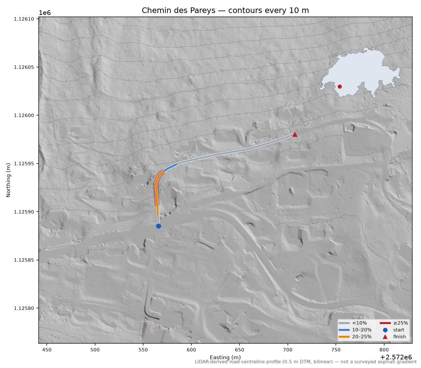 Chemin des Pareys LiDAR hillshade map with contours