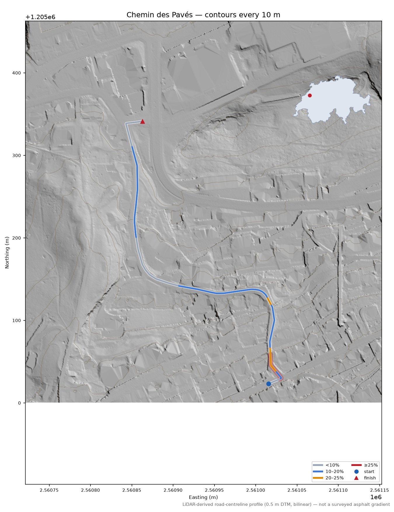 Chemin des Pavés LiDAR hillshade map with contours