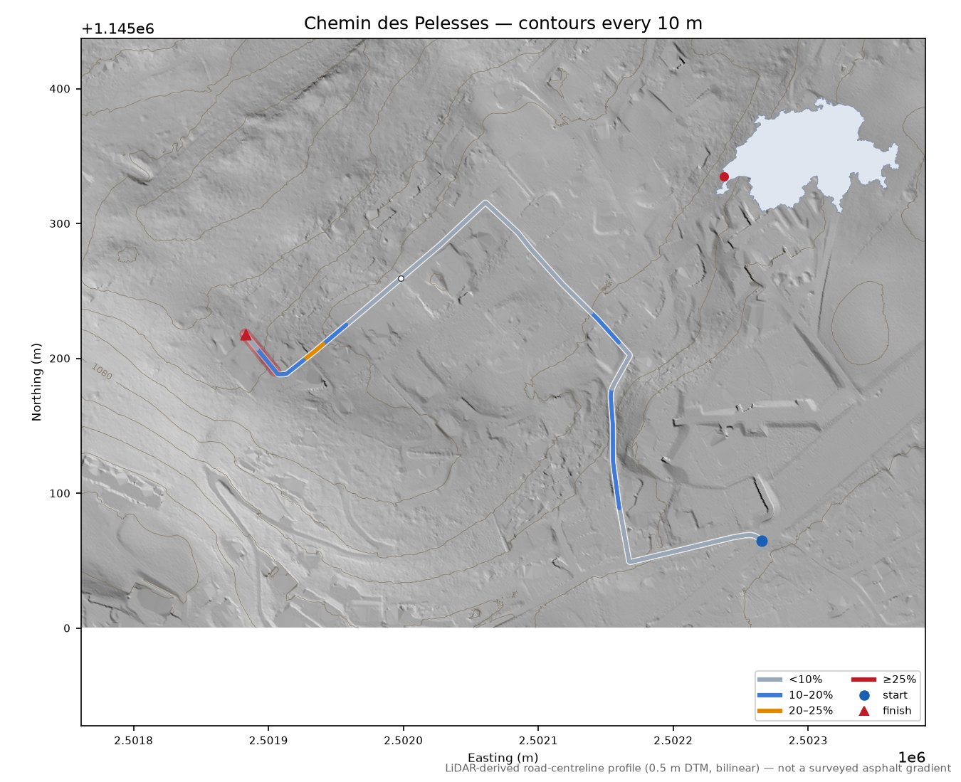 Chemin des Pelesses LiDAR hillshade map with contours