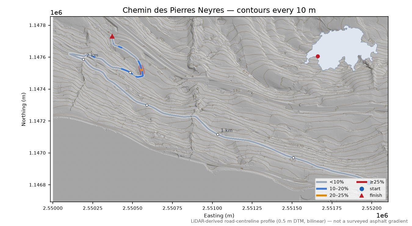 Chemin des Pierres Neyres LiDAR hillshade map with contours