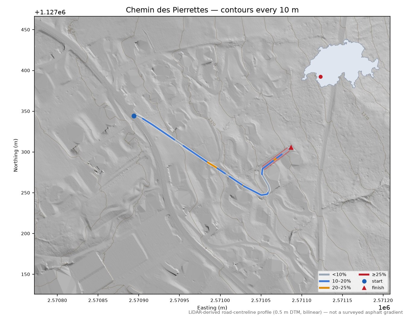 Chemin des Pierrettes LiDAR hillshade map with contours